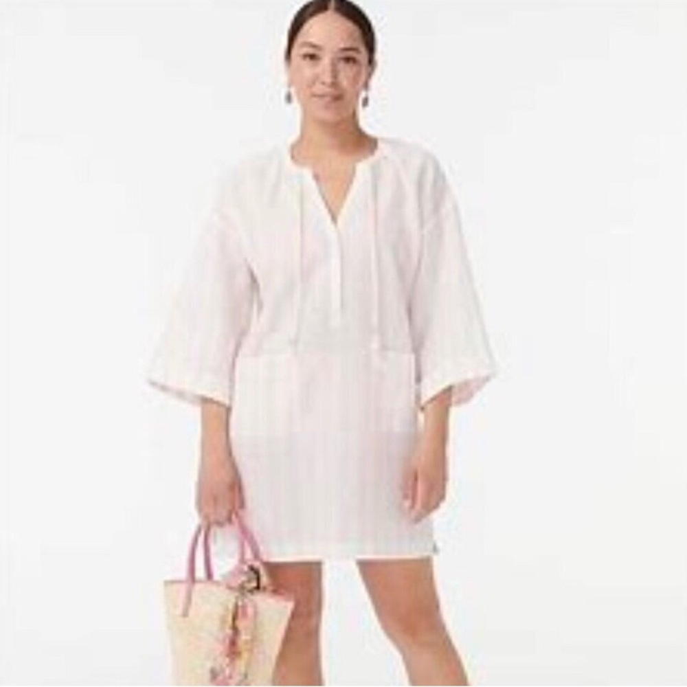 J CREW LINEN PINK WHITE STRIPE LONG SLEEVE COVER UP DRESS WOMENS LARGE